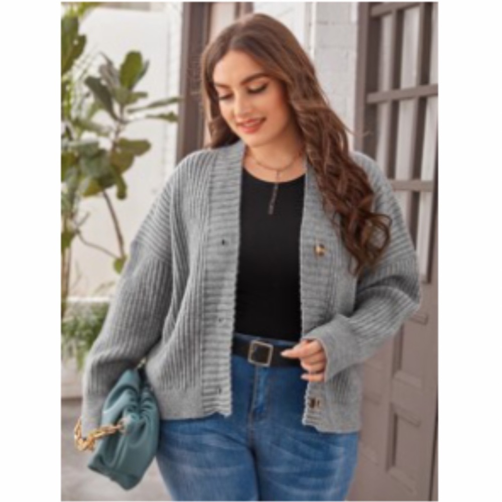 Gray Button Front Drop Shoulder Cardigan NWOT